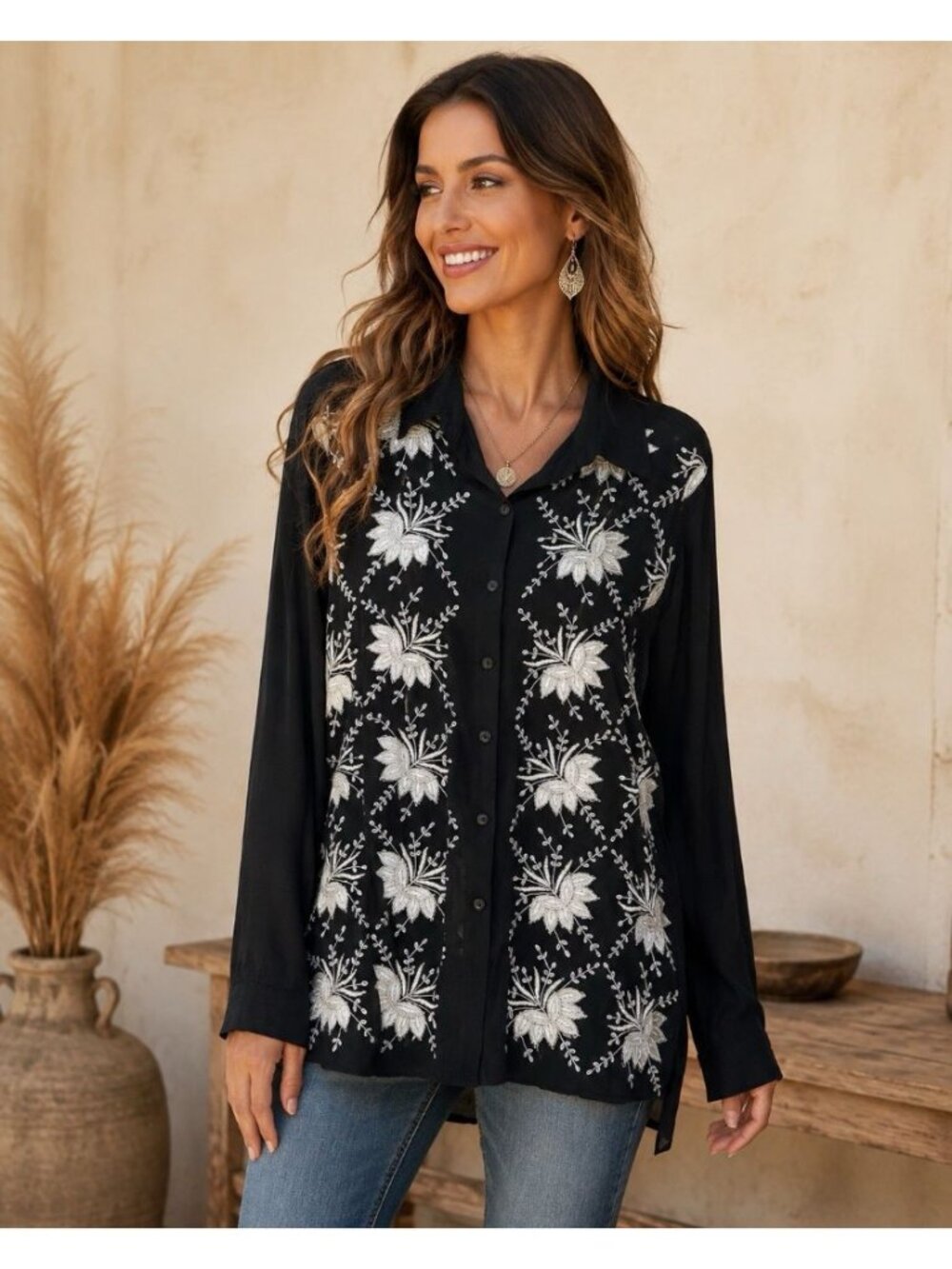 Vintage Embroidered Black Button Shirt 18 Boho Tantrums Floral Semisheer Eclecti